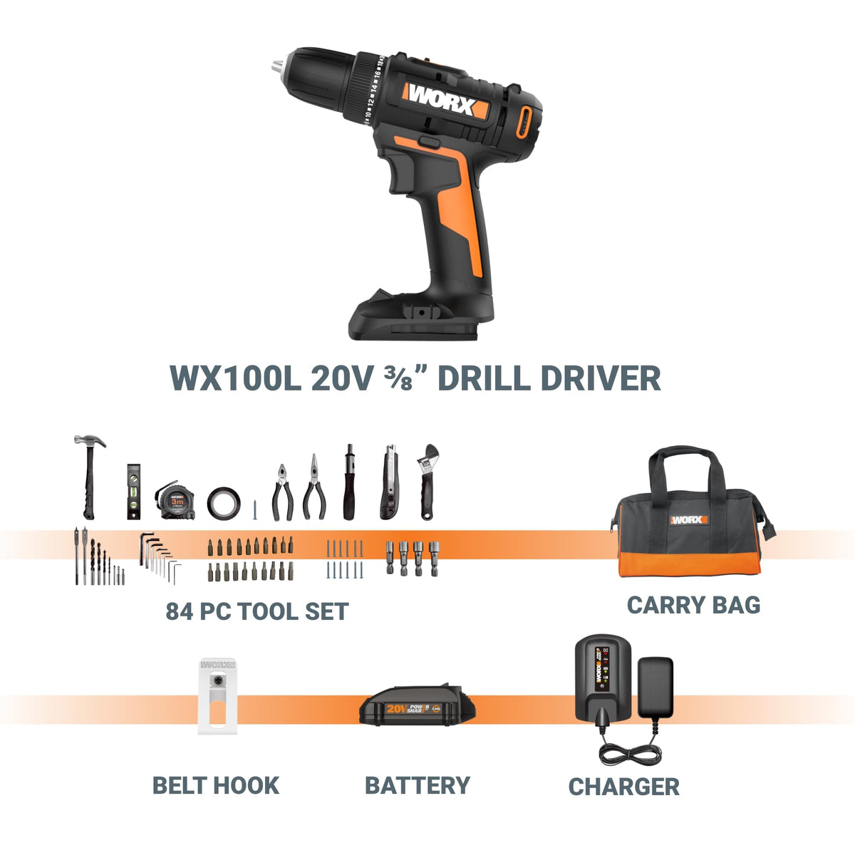 Cordless Drill Driver 20V 3/8-Inch 84-Piece Kit S7521