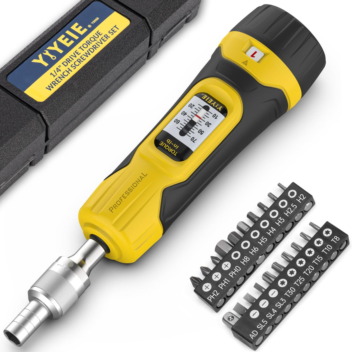 1/4" Ratchet Torque Screwdriver, 10-70 in-lbs, S2 Hex Bits P907405
