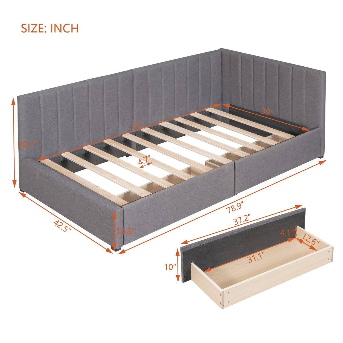 Gray Linen Twin Size Upholstered Daybed with 2 Storage Drawers D485