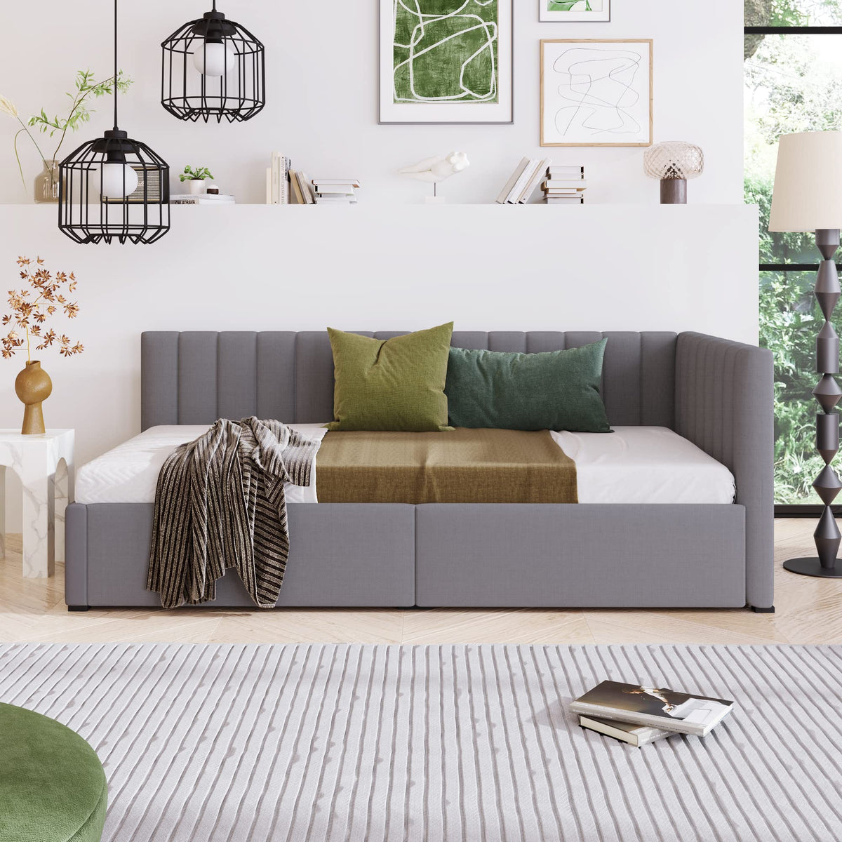 Gray Linen Twin Size Upholstered Daybed with 2 Storage Drawers D485