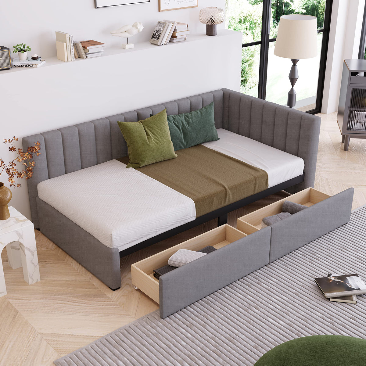 Gray Linen Twin Size Upholstered Daybed with 2 Storage Drawers D485